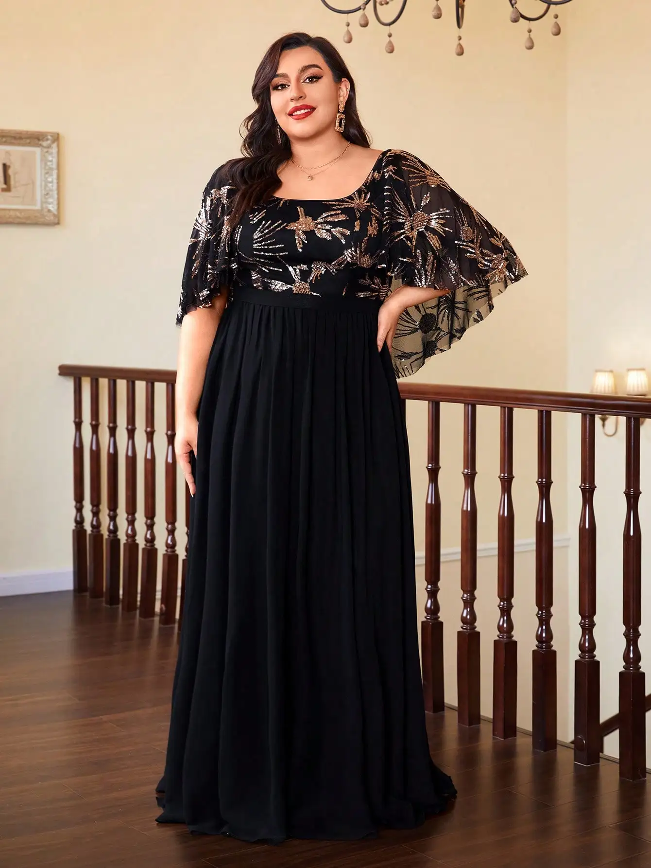 فستان Mgiacy طويل برقبة دائرية وترتر رائع وشالات وأكمام وحاشية شيفون كبيرة