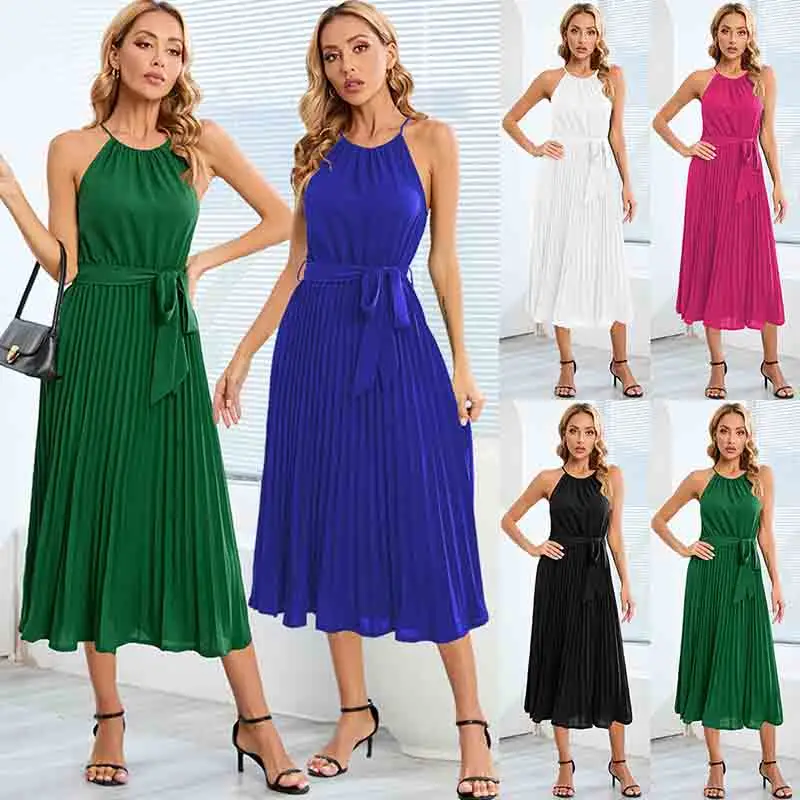 

Sexy Strap Sleeveless Pleated Long Dress Women's Clothing Solid Color Fashion Elegant O Neck High Waist Dresses Summer 2024 New