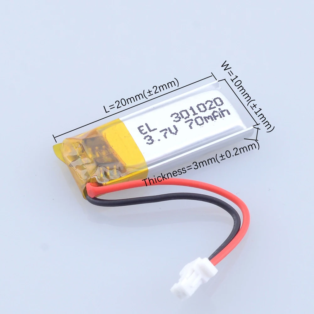 3.7V 70mAh 301020 Polymer Lipo Li Lithium Battery JST 2Pin 1.0mm Connector For Headphones Bluetooth Speaker 3D Glasses