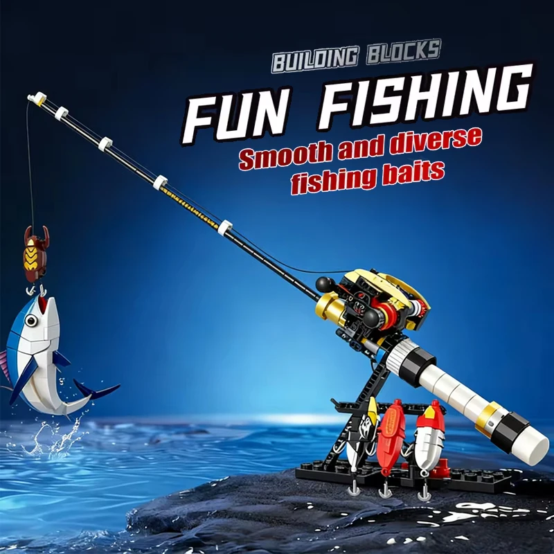 Fishing Rod MOC Building blocks Technology Machinery Series Assembly Simulation Model Multi shaped fishing bait Creative gift