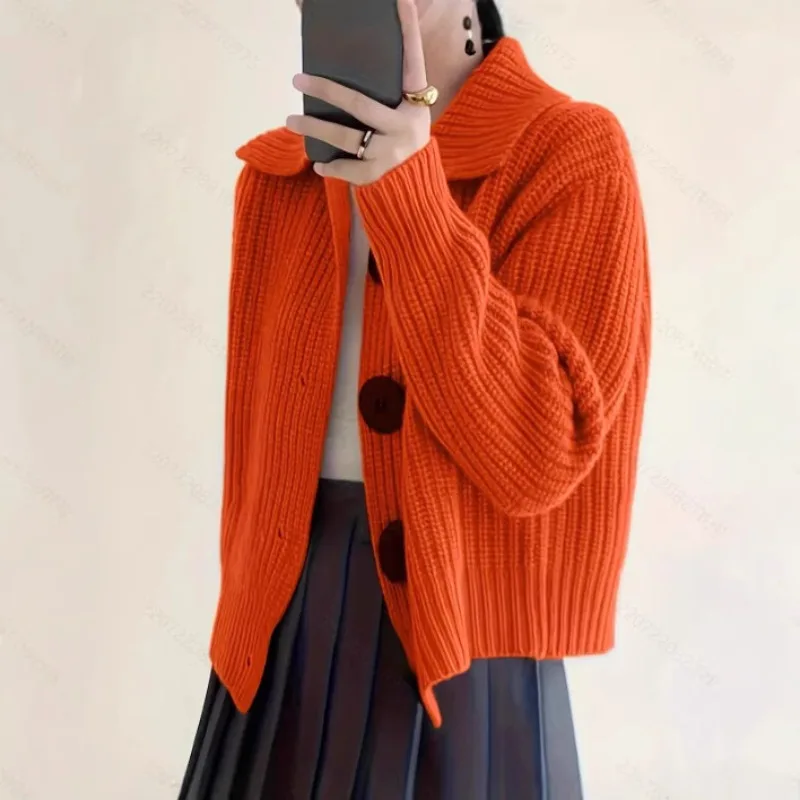 

2025 New Women's Korean Style Oversized Lapel Knit Cardigan Loose Fit Long Sleeve Cozy Sweater Coat Plus Size Outerwear