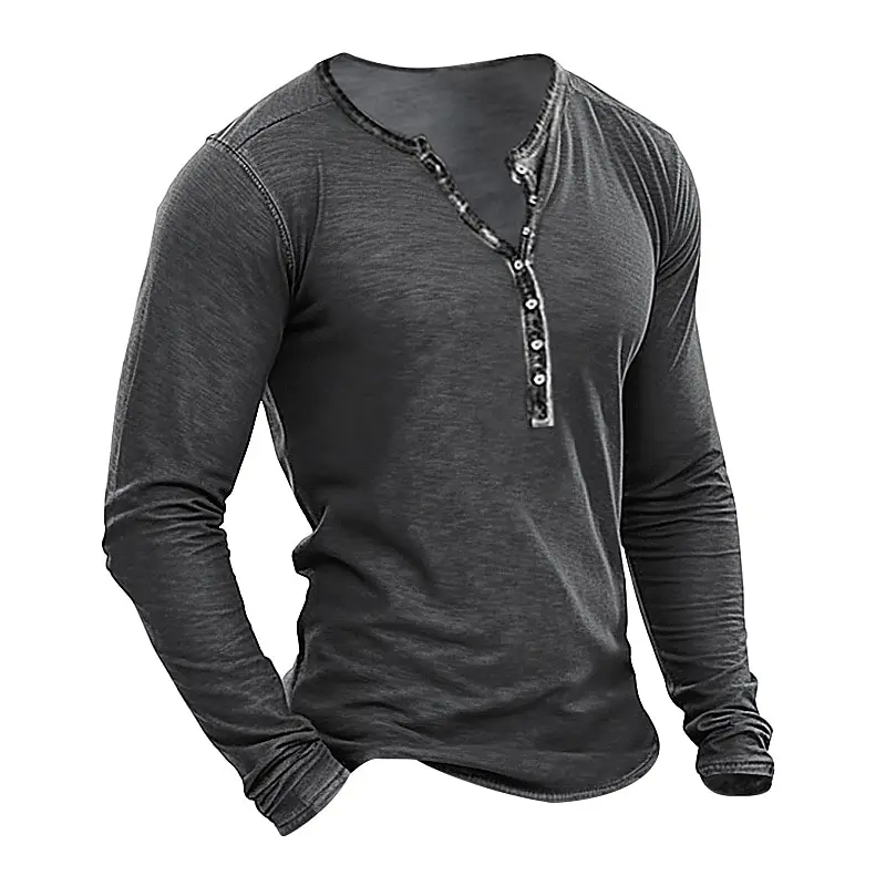 Vintage T-Shirt For Men Solid Color Graphic T Shirts Cotton Tees 3D Printing Long Sleeve V-Neck Tee Oversized Male Clothing Tops