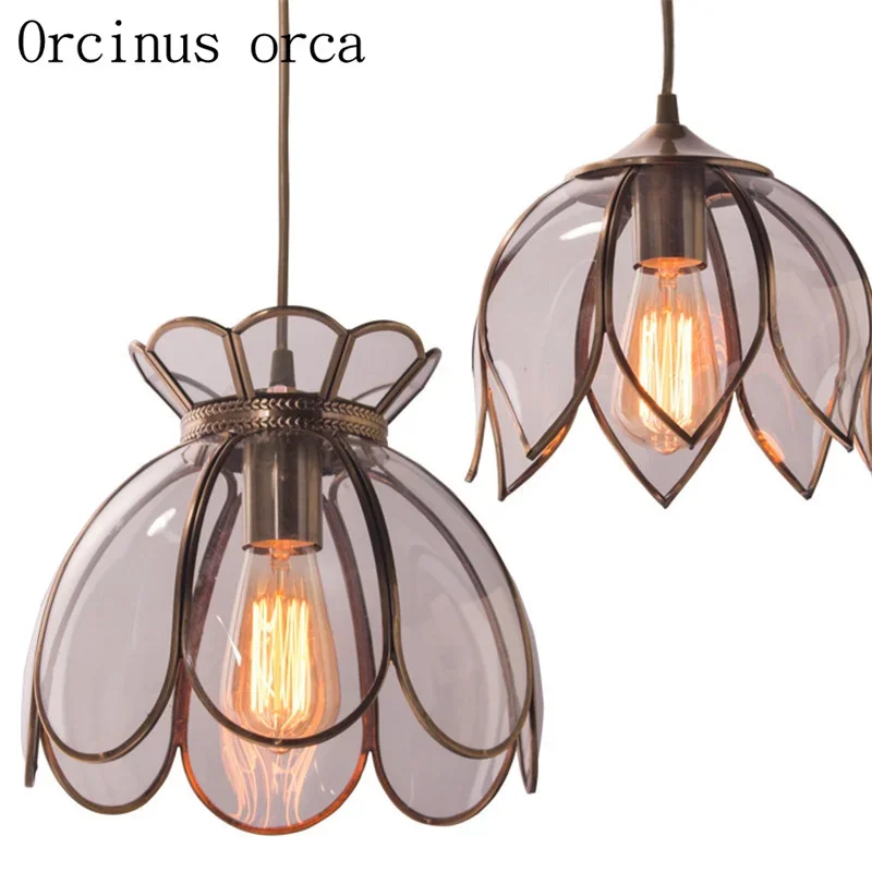 

American style retro lotus copper chandelier cloakroom bedroom glass single head Chandelier free shipping