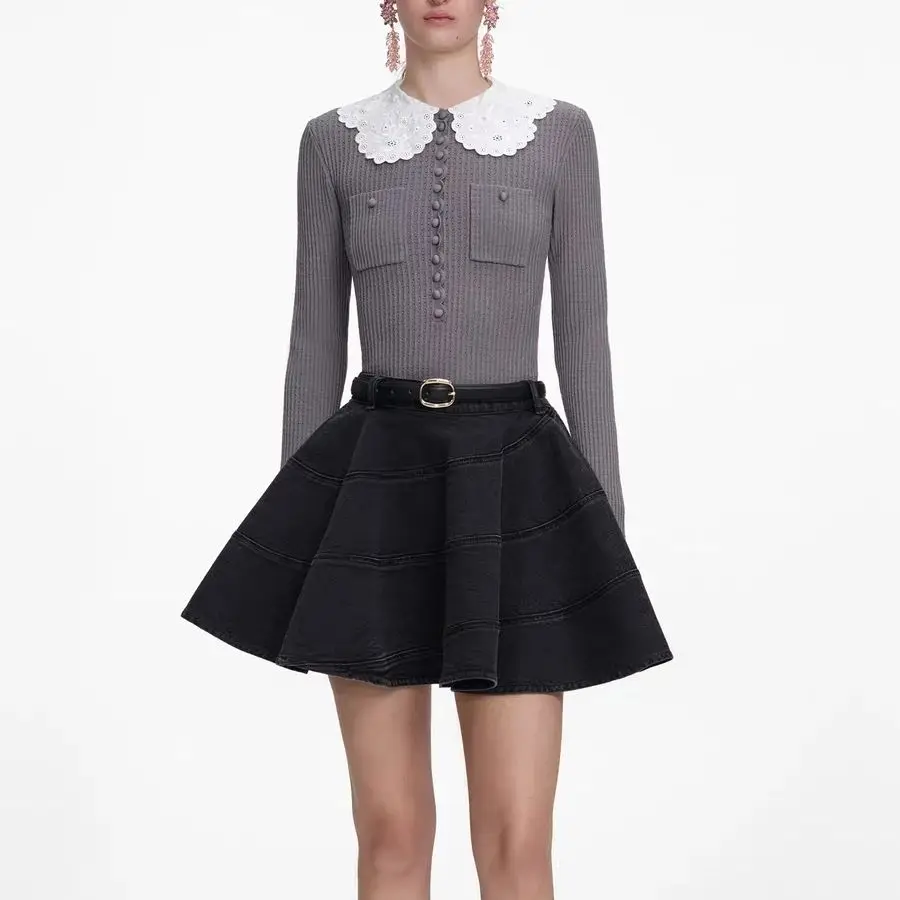 

Women Lace collar knitted sweater long sleeve fashion temperament lady knit tops