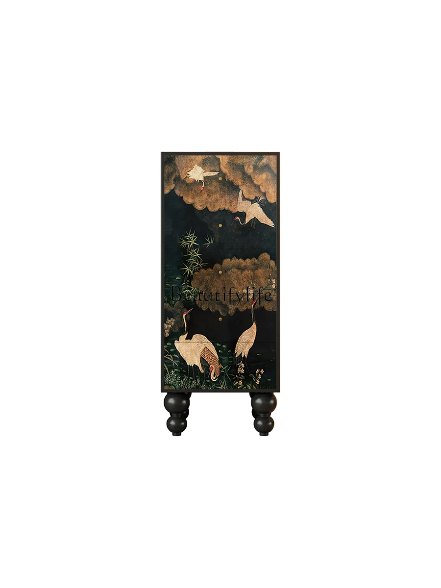 

New Chinese Style Ancient Style Crane Solid Wood Chest of Drawers Decorative Entrance Storage Cabinet