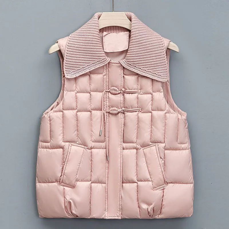 Cotton Vest Women Winter New Standing Collar Chinese Style Pan Button Knitted Lapel Collar Sleeveless Jacket Female Waistcoat