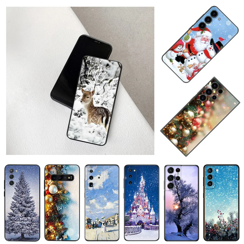 Soft Case for Samsung Galaxy S24 S23 S22 S21 S20 S10 Plus Ultra FE E Snowman Christmas Tree Deer Matte Black Phone Cases Cover