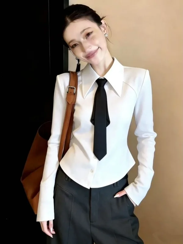 

Spring New Arrival White Waist-Cinching irt Women's Faionable Maturi Light Casual Sle Long Sve Collar Commute...