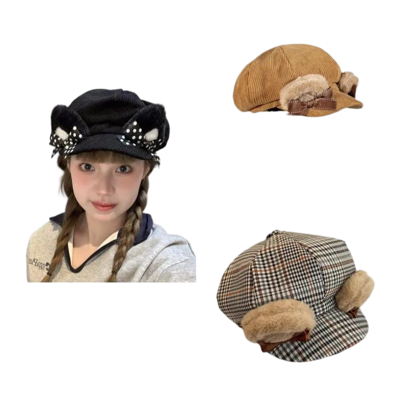 

Bear Ears Corduroy Khaki Beret Women's Autumn and Winter Versatile Japanese Cute Face Small Octagonal Hat Tide