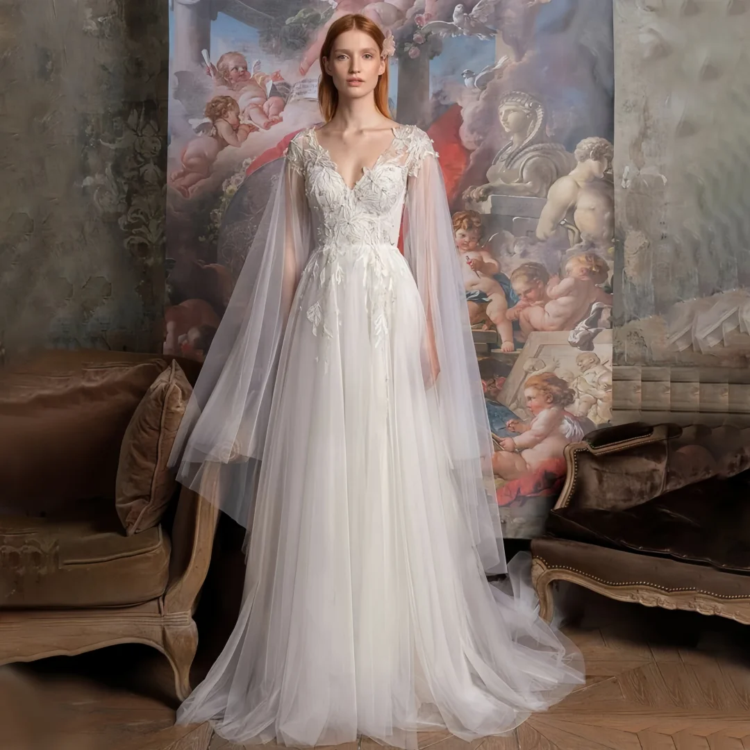 

Customized V-Neck Long Cap Sleeve With Gorgeous Lace Appliques Tulle Wedding Dress Party A-Line Backless Bridal Gowns Vestido De