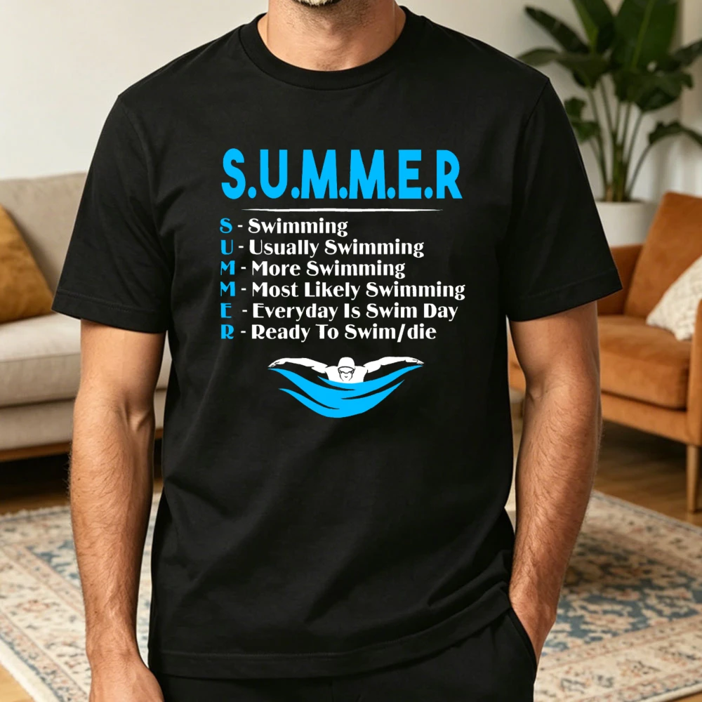 SUMMER Acronym Swimming Lover Summer Men Cotton T-Shirt Swimmer Silhouette Letter Sports Graphic Short Sleeve Garment