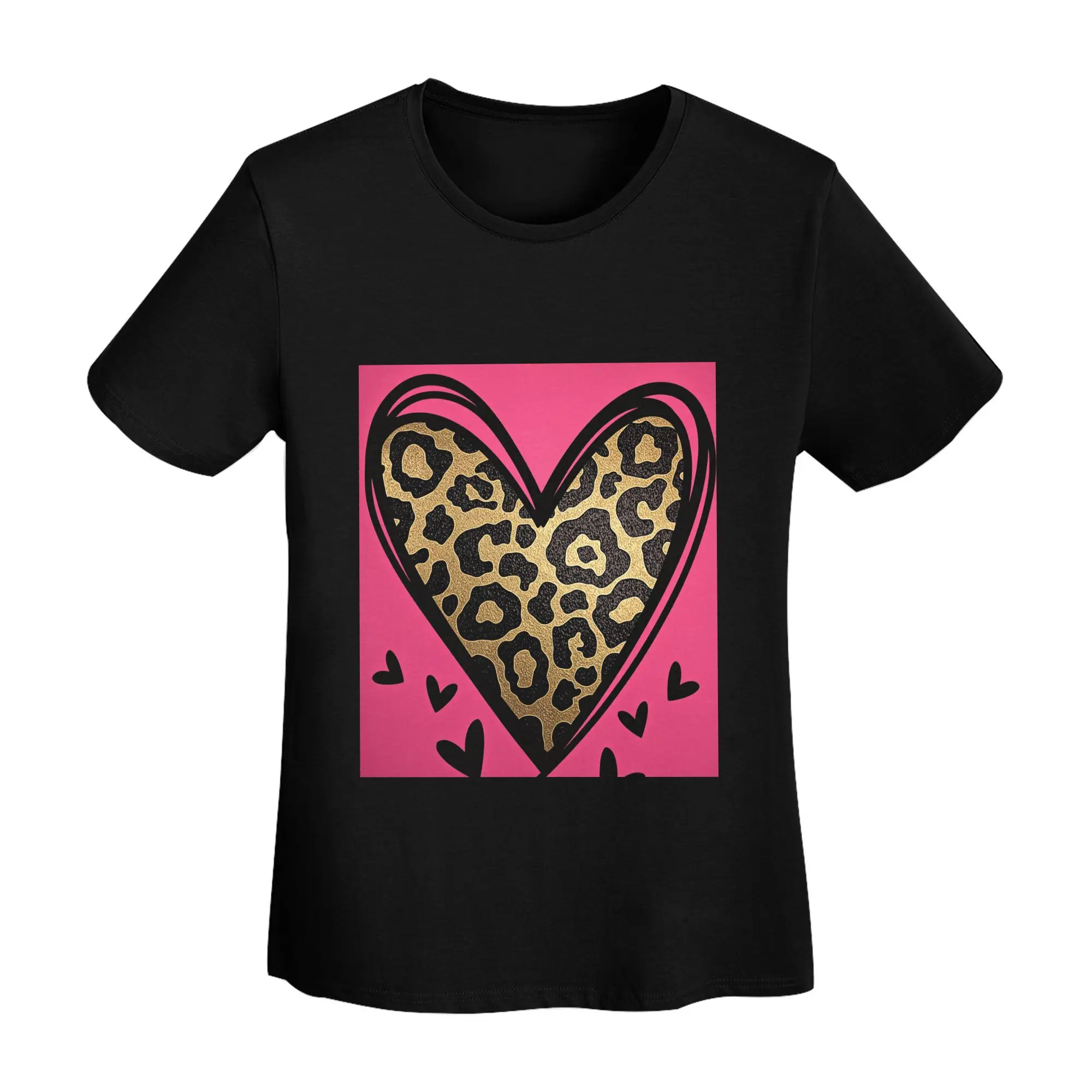Pink Leopard Heart Graphic Tee Soft Cotton Short Sleeve T-Shirt