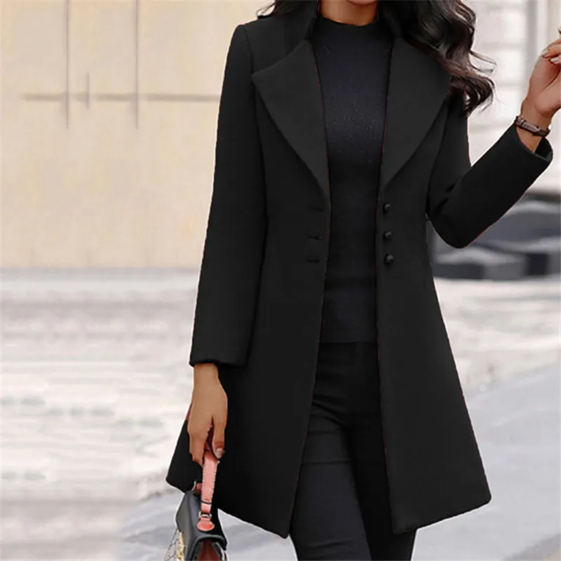 2022 Autumn Winter New Woolen Coat Women Yellow Black Stand Collar Single-breasted Outer Wear Korean Style Slim Jacket