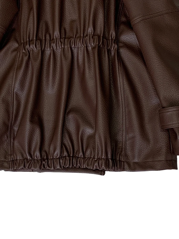 Primavera otoño chaqueta de piel sintética marrón para mujer con manga larga raglán cordón elegante negro ropa de diseñador de lujo 2025