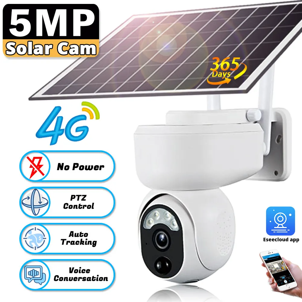 

5MP 4G Solar Camera Built-In Battery PIR Motion Detection Outdoor WIFI Security CCTV Surveillance PTZ Smart IP Camera Wireless