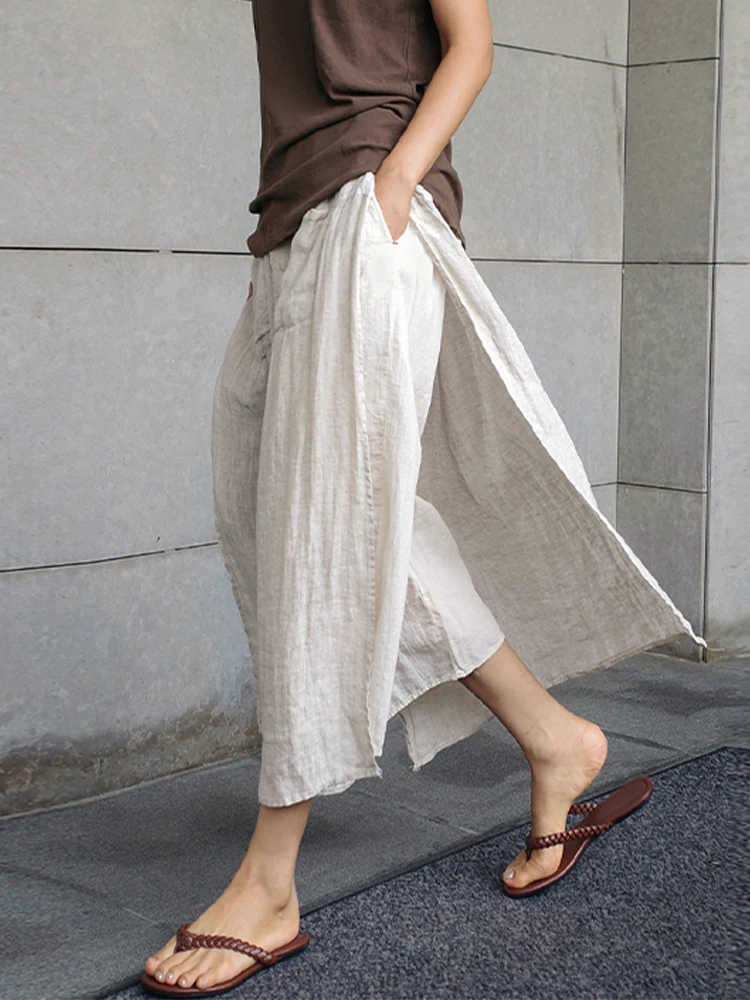 Pure Linen Straight Leg Pants Women's Midi Skirt Pants Original Split Zen Style Nine Point Pants Casual mid Waist A-Line Skirt