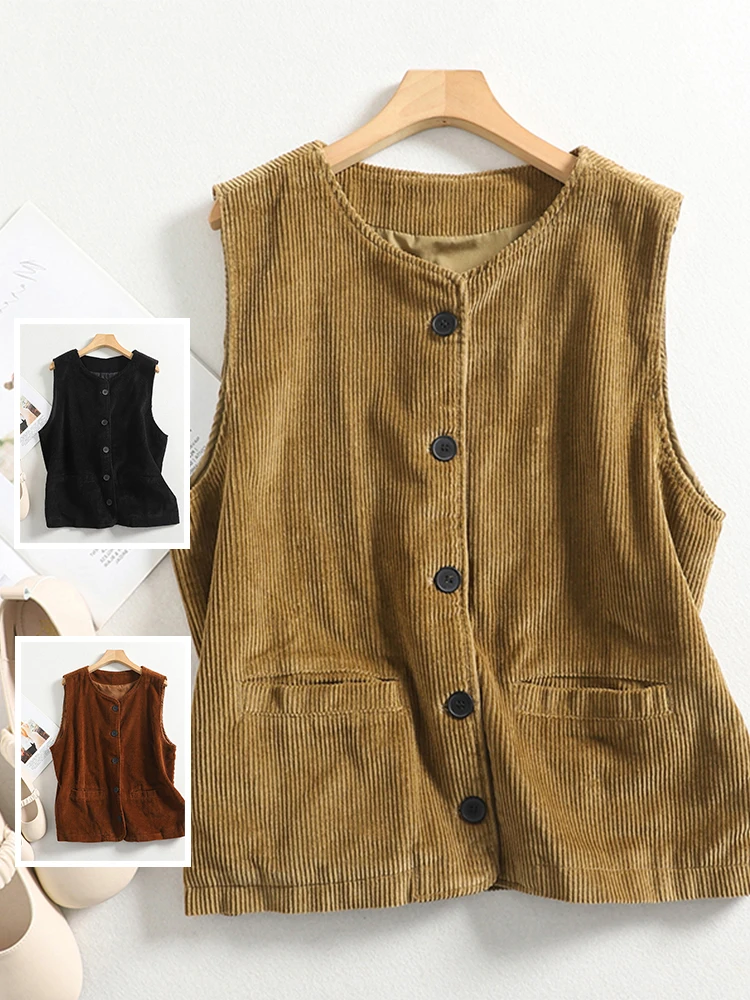 

Весенний новый вельветовый жилет в стиле ретро, женский свободный повседневный круглый универсальный вельветовый жилет, топ из смеси хлопка