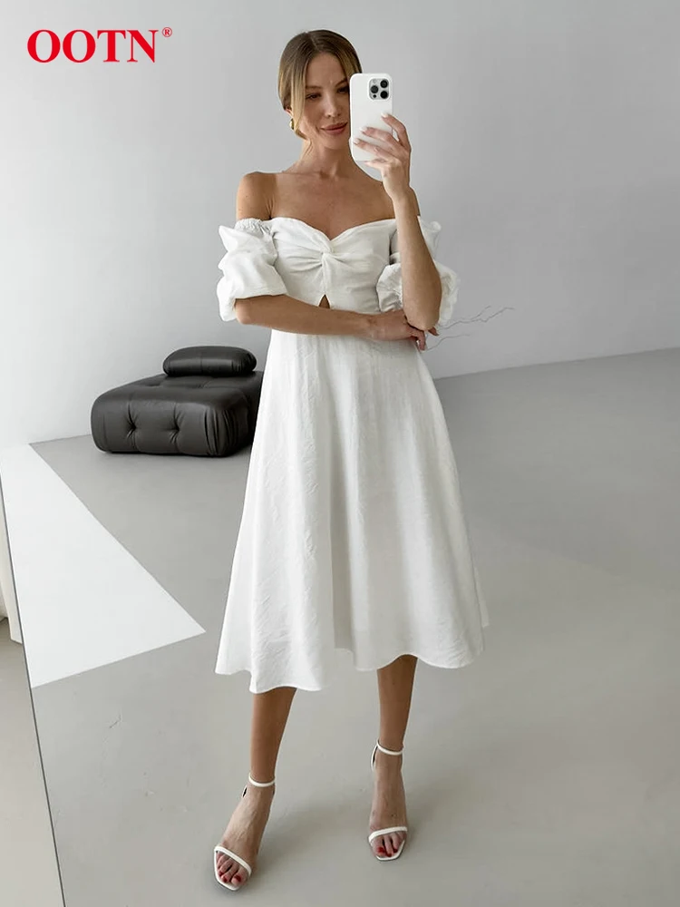 OOTN Fashion Rhched White Dress Women 2024 Elegant Puff Sleeve Slim A-Line Long Dresses Summer Backless Party Midi Dress Female