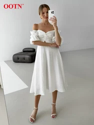 OOTN Fashion Rhched White Dress Women 2024 Elegant Puff Sleeve Slim A-Line Long Dresses Summer Backless Party Midi Dress Female