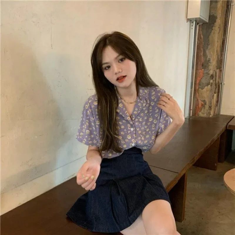 Women Clothing Vintage Floral Youth Loose Blouse Short Sleeve All-match Polo Neck Fashion Shirt Tops Casual Harajuku Summer New