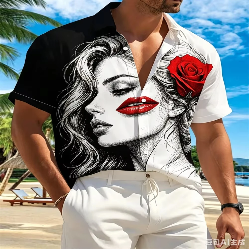 Men Short Sleeve Shirt Portrait Red Rose Print Black White Colorblock Lapel Button Up Casual Beach Holiday Streetwear Mens Tops