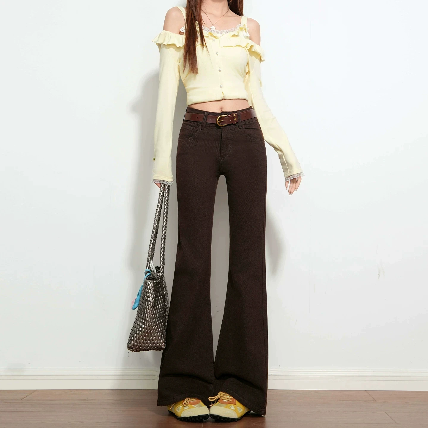 Brown Denim Flared Jeans Women's Autumn New Style Retro American Loose Casual Straight Leg Bell Bottom Pants High Waist Zippe...