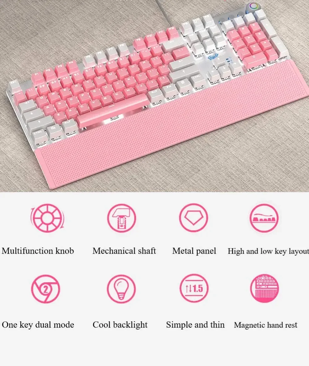 Pink mechanical keyboard with multimedia knob and white backlight, cute USB wired full size game keyboard (black switch)