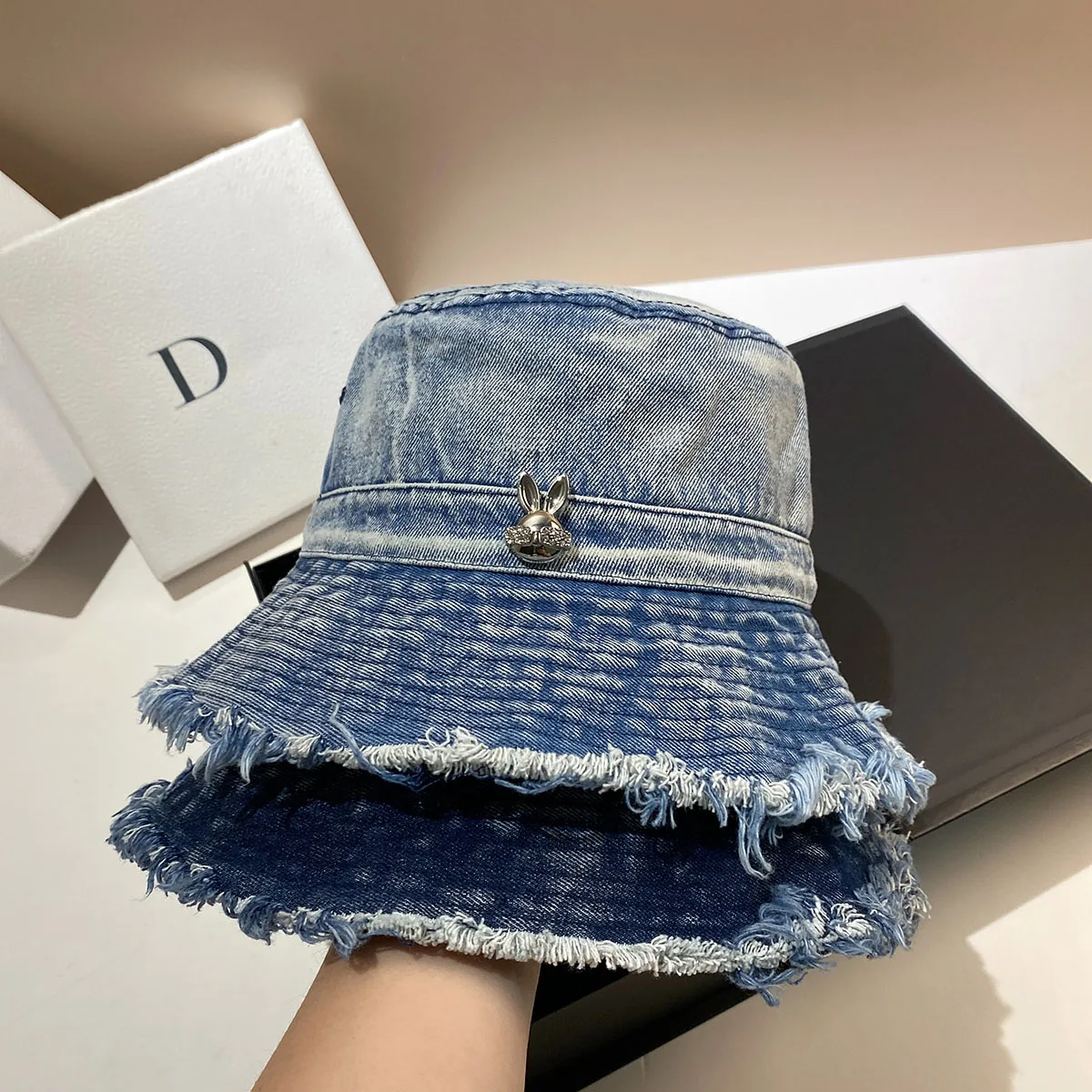 Rhistone rabbit casual hat spring and summer new washed denim fisherman hat fashion age reduction fringe large brim pot hat