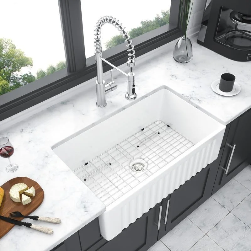 

White Porcelain Apron-Front Single Bowl Kitchen Sink 30x18x10 Inch