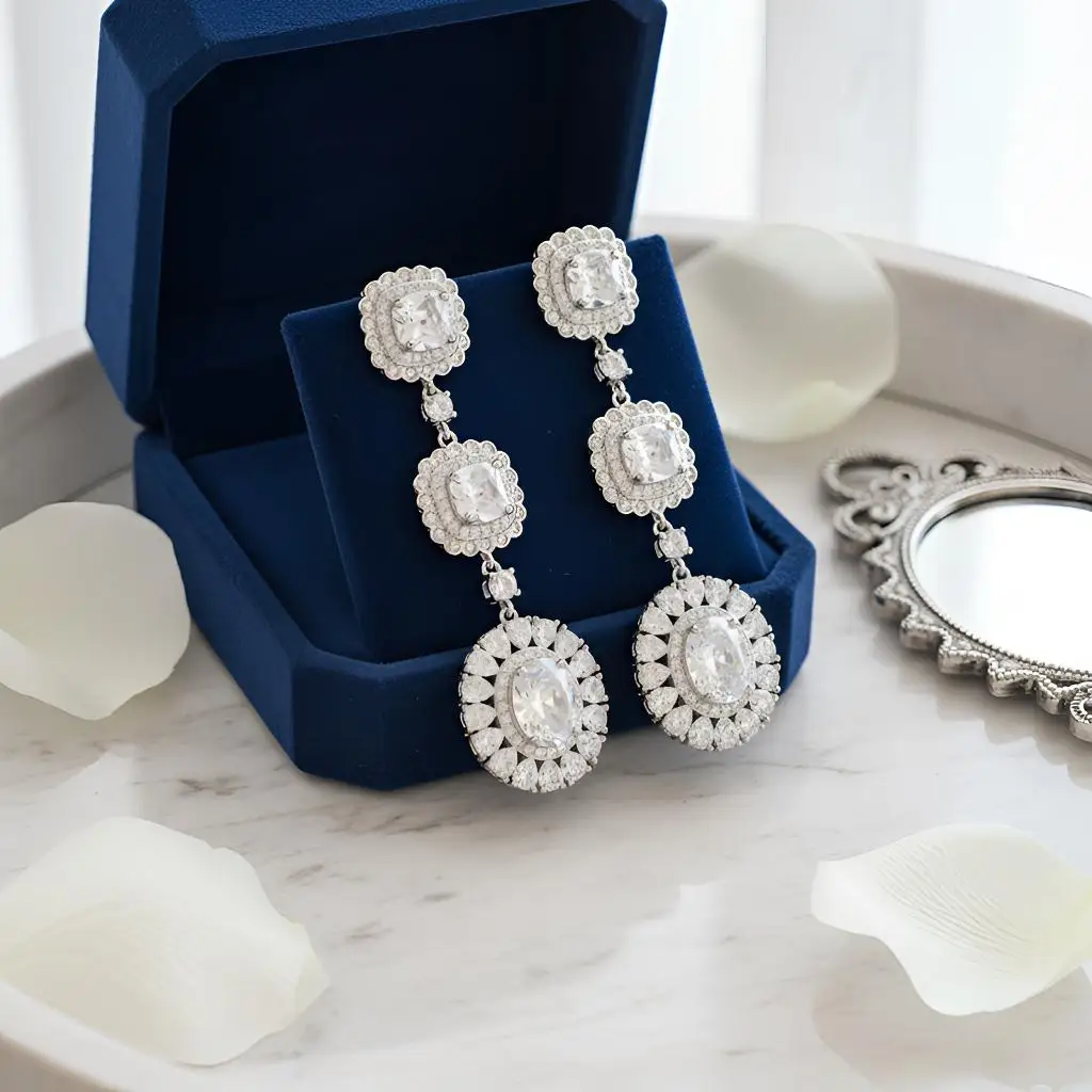 Retro Geometric Zirconia Luxurious High-End Earrings for Women Long Style Grand Square-Shaped Earrings Wedding and Event Jewelry