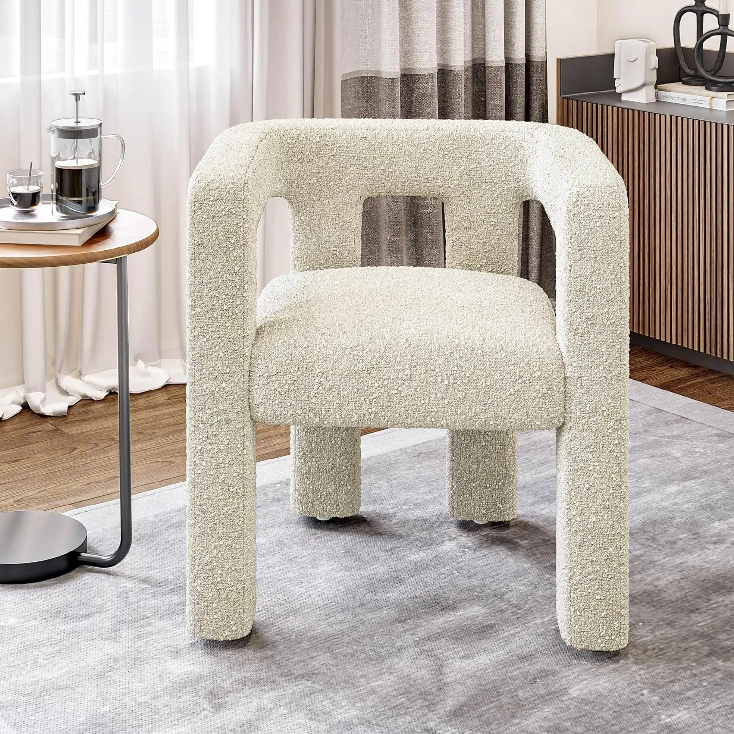 Modern Boucle Dining Chair, Linen Barrel Dining Chair with Sidearms and Back, Minimalist Upholstered Kitchen Boucle Armchair for