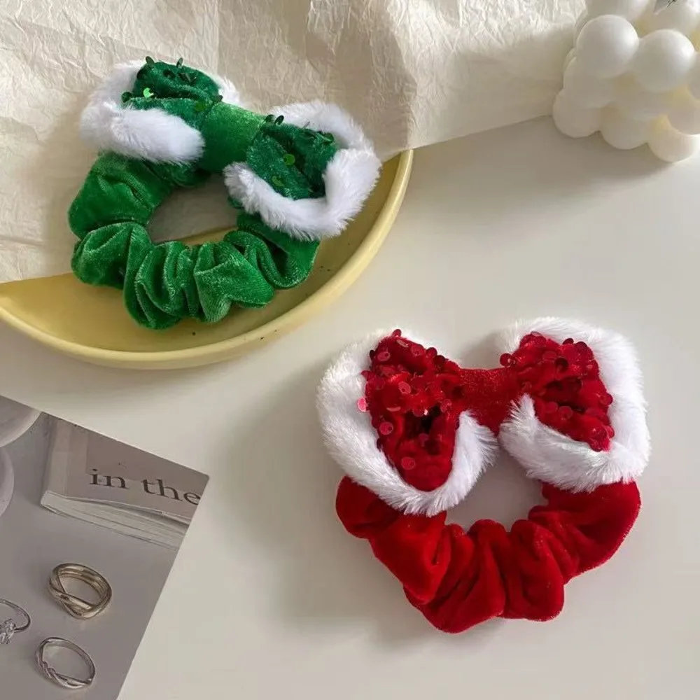 1Pc Velvet Christmas Scrunchies, Red Sequin Bow Ponytail Ties for Women, White Plush Trim, Holiday Accessories