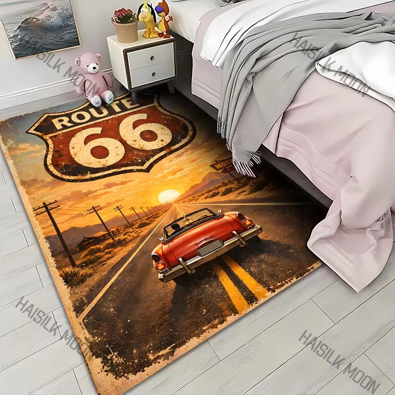 Route 66 vintage sign sunset convertible Print Carpet for Living Room Bedroom Sofa Home Decor Rus Non-slip Floor Mat Luxury Gift