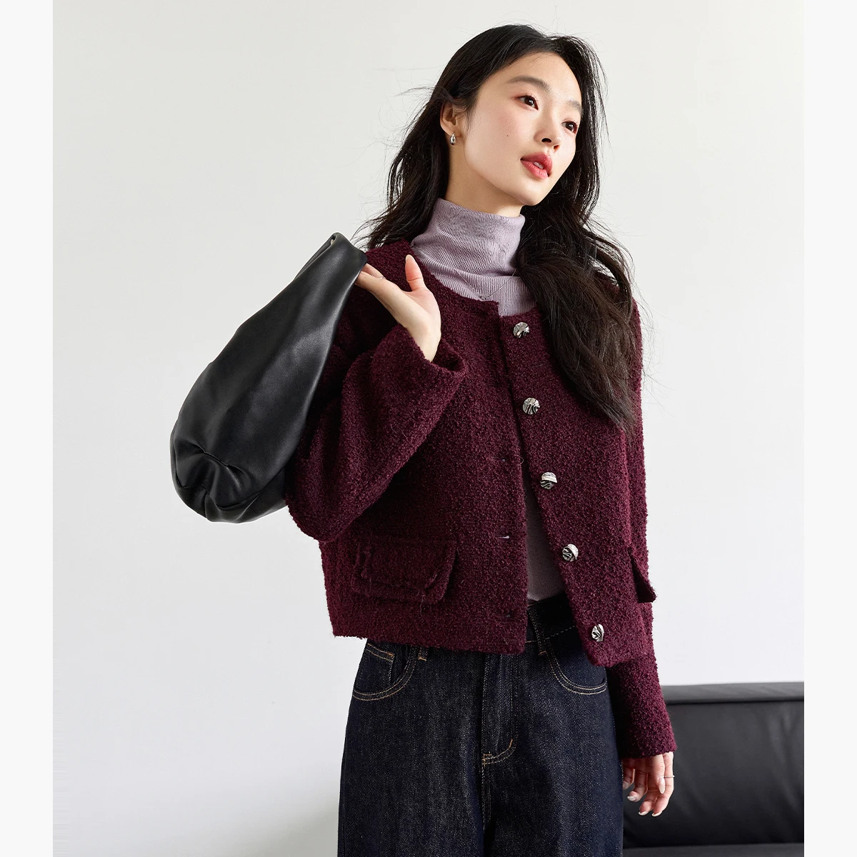 VIMLY سترة الشتاء للنساء 2025 خمر بورجوندي س الرقبة تويد سترات قصيرة أنيقة الصوف مزيج مبطن معاطف السيدات M9320 #4