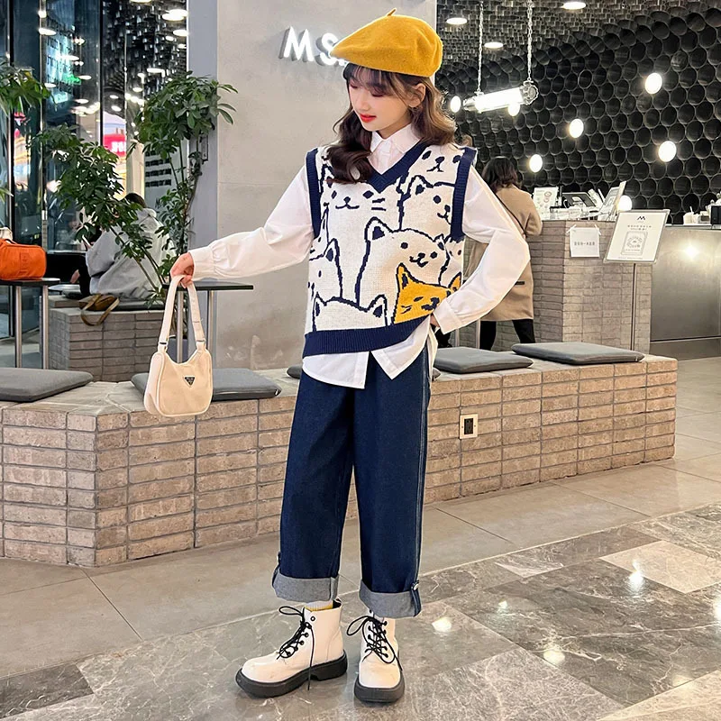 

Korean Autumn Children Girl 3- Piece Sets Teenager Girl Long Sleeve Shirts+V-neck Vest +Straight Jeans Set For 4-12Yrs Girls