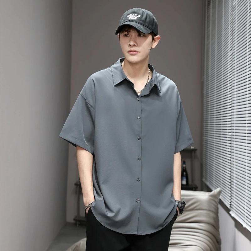 

Solid Thin Shirt Men's ort Sve Ice Silk irt Summer Loose Drapey Casual Large Size Anti-Wrinkle Trendy Bla No-Ironing Required
