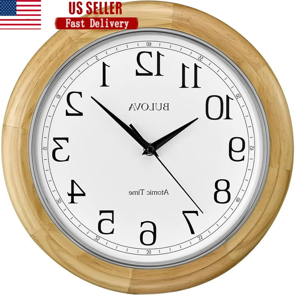 Atomic Analog Wall Clock Battery Operated Large Roman Numerals Elegant Wooden Design Super Accurate Time Setting Home Office