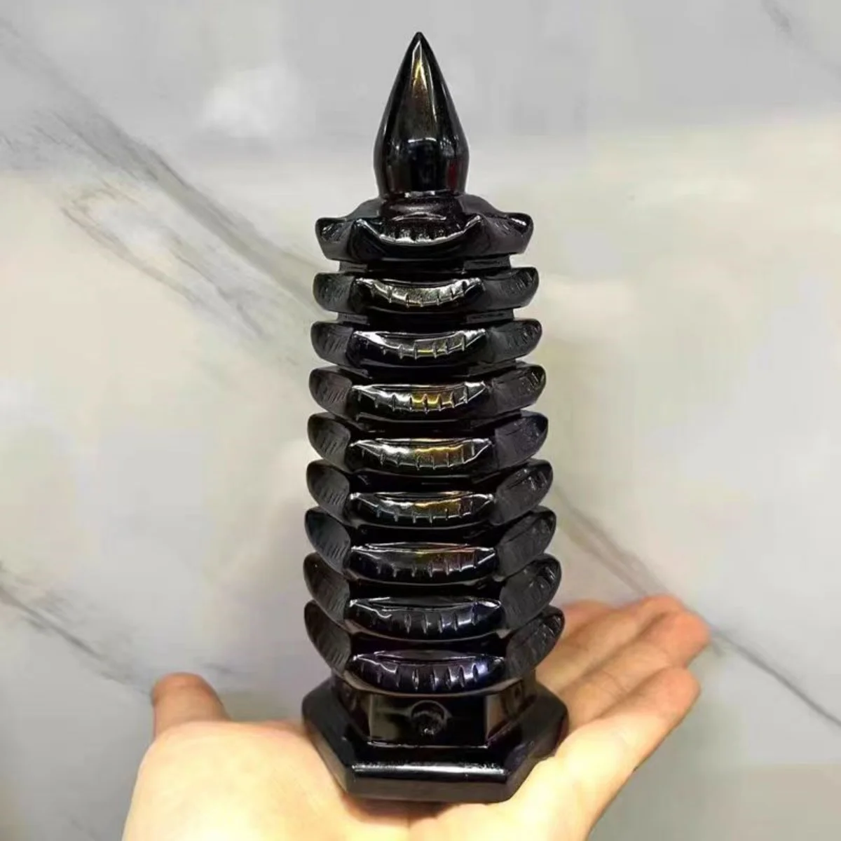 

Large！Natural Obsidian Wenchang Tower, Quartz Crystal Black Ore Handcrafted Carved Tower, Mineral, Reiki, Healing