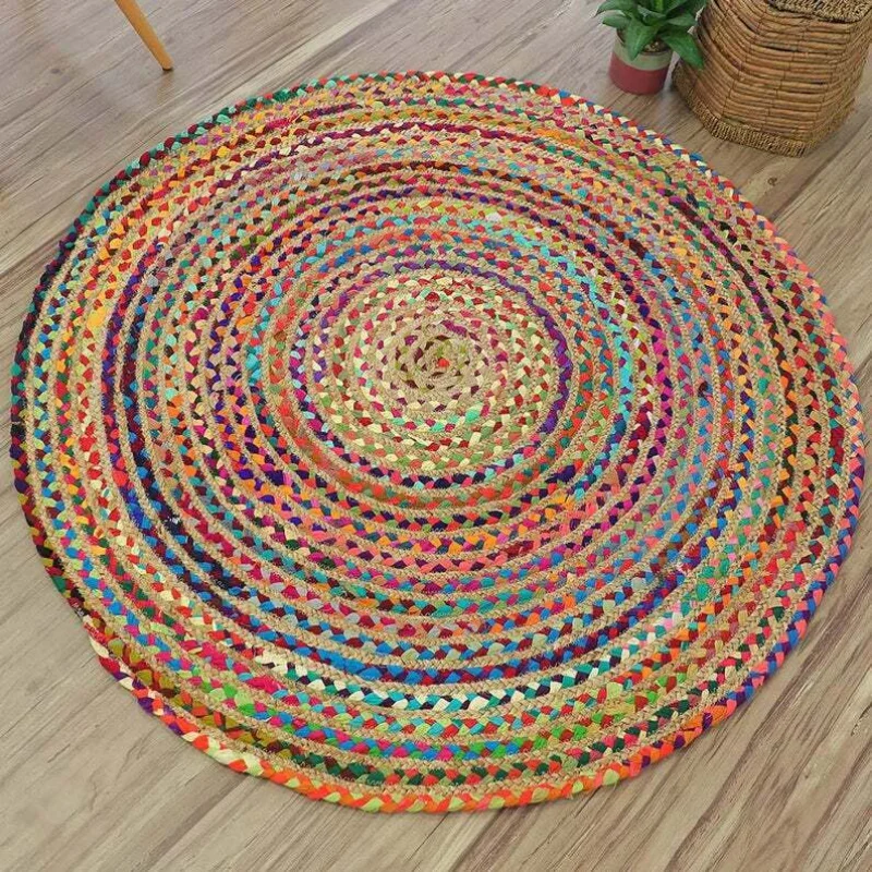 Round Rug Cotton Handmade Braided Beautiful Multi Color Chindi Jute Round Rugs Bedroom Decor