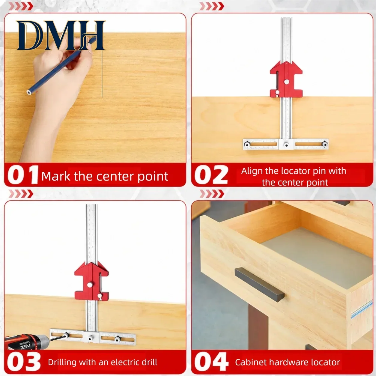 DMH-Woodworking Right-angle Multi-functional Combination Ruler Drill Guide Tool Positioning Assistant Drawer Installation for Ho