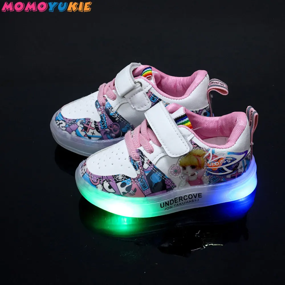 

Autumn winter for Girls Baby Disney Cartoon Frozen Elsa Children's Luminous Shoes Brand Casual Shoes Sneakers LED Flashing Shoes