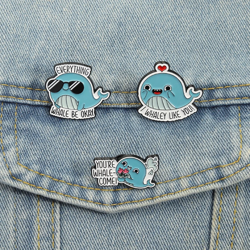 Niedliche Wal-Wortsteine, Emaille-Anstecknadeln, Everything Whale Be Okay I Whaley Like You, Broschen, Anstecknadeln, Tierschmuck, Geschenk für Kinder und Freunde