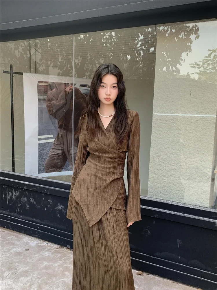 Brown Pleate Elegant 2 Piece Sets Women Outfit V Neck Long Sleeve Cardigan Top And Maxi Skirt Set Fall Clothes