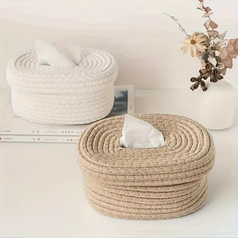 

Tissue Box Cotton Rope Woven Storage Box Desktop Storage Box Pumping Dustproof Paper Box Home Office Room Car Simple Decor Gifts