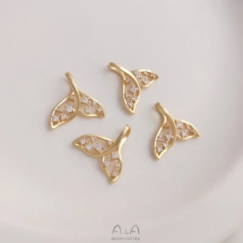14K Gold Filled Color Retention Hollow Zircon Fish Tail Pendant, Mermaid Whale Tail Charm for DIY Bracelet & Necklace Jewelry