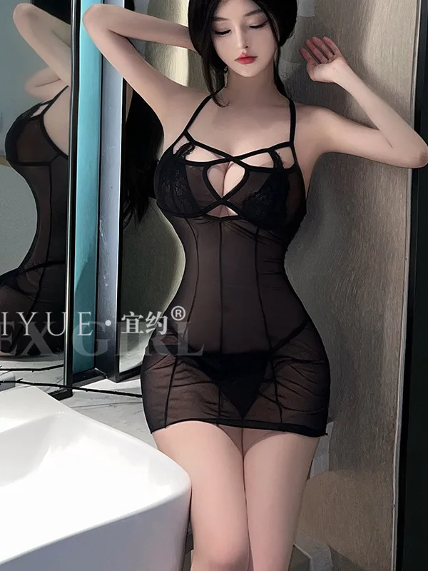Desire Sexy Reine Uniform Schwarz Sheer Hängenden Hals Stil Sling V-ausschnitt Kleid Elegante Hohe Taille Schlank Mini Kleid Sommer V2O6