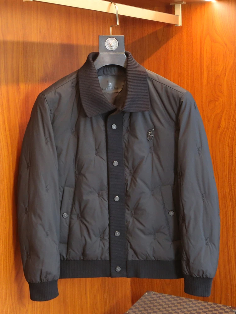 

Мужская вязаная куртка-пуховик с воротником-стойкой, приталенная, белая, с вышивкой, повседневная, зимняя, новинка