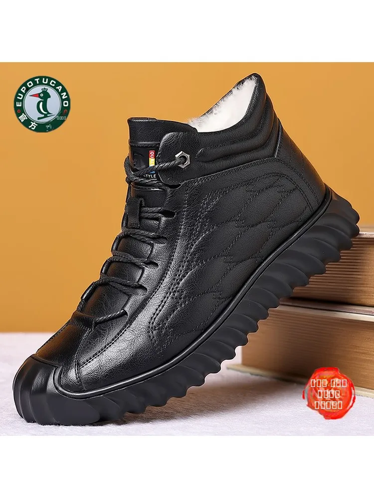 

Warmth Thiened Fce Lined Casual High Top Men's Boots Leather oes Wool Cotton Large Size Cotton oes for Winter