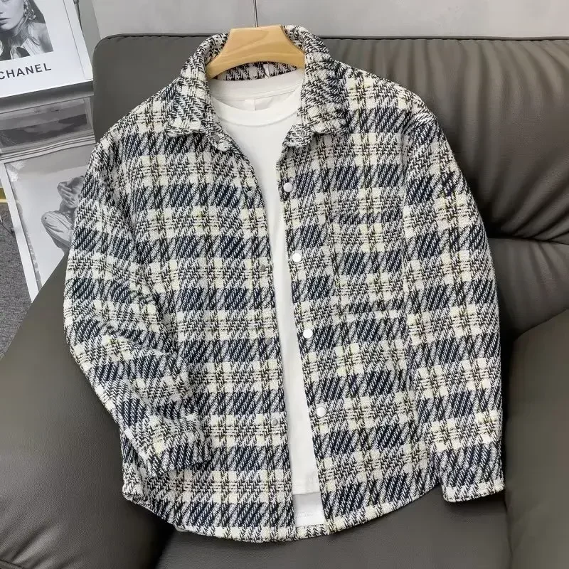 

Men's Tweed Style Plaid Lapel Jacket Trendy Loose-fit Long Sleeve Shirt Spring Autumn Jackets Male Regular Vintage Clothing
