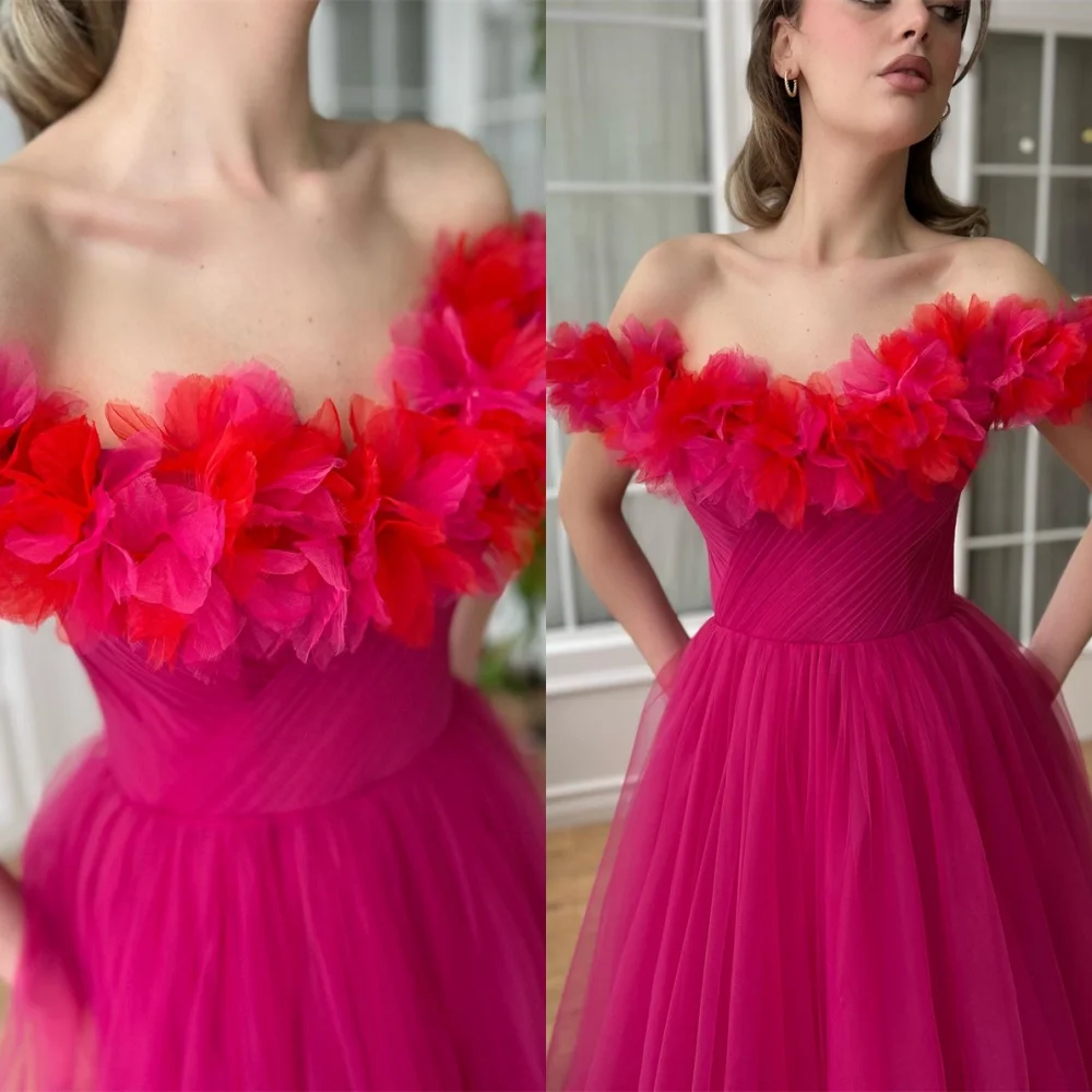 

Customized Simple Red Tulle Evening Dress Classic Flowers Off the Shoulder Celebrity Gowns Temperament Special Occasion Gowns